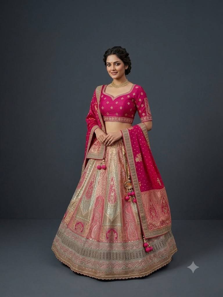 Vibrant Yellow & Magenta Art Silk Lehenga Choli with Multicolor Digital Print (Not used)