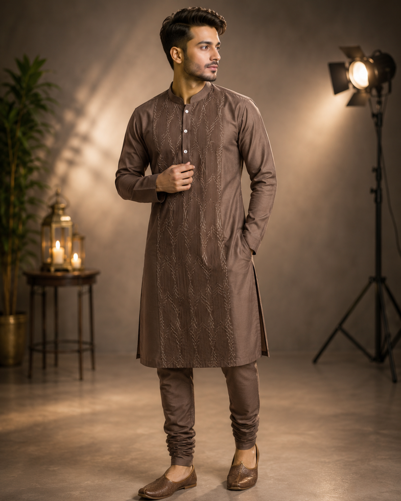 Sophisticated Men's Mauve Brown Knee Length Festive Kurta with Textured Front Panel
