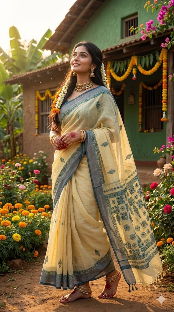 Handloom Linen Saree with Lucknow Chikankari Work