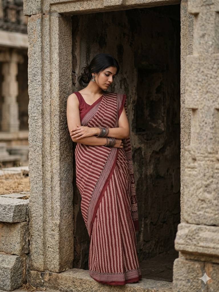 handloom linen red colour saree in ajrak print