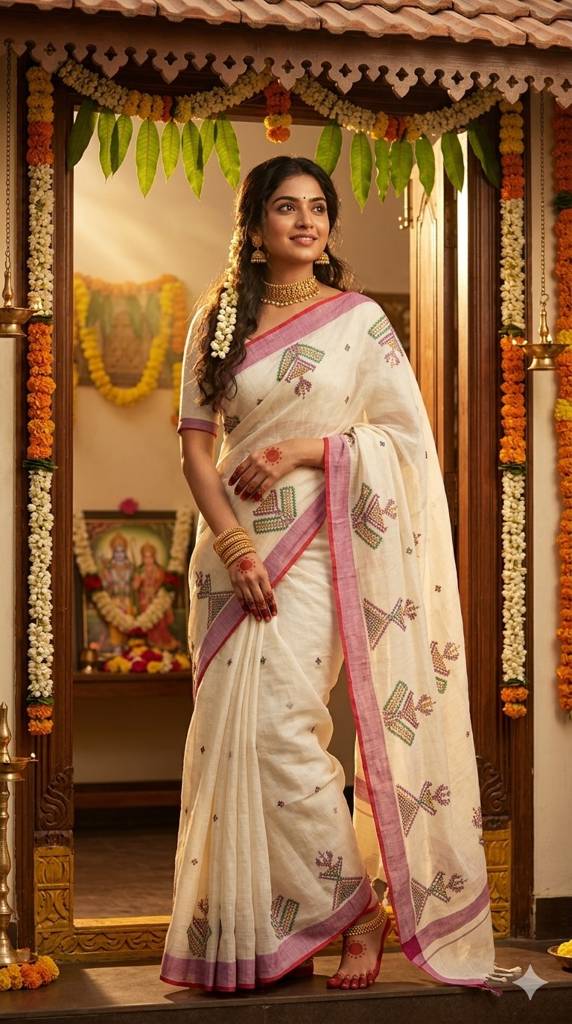 Pure handloom linen saree with kantha work
