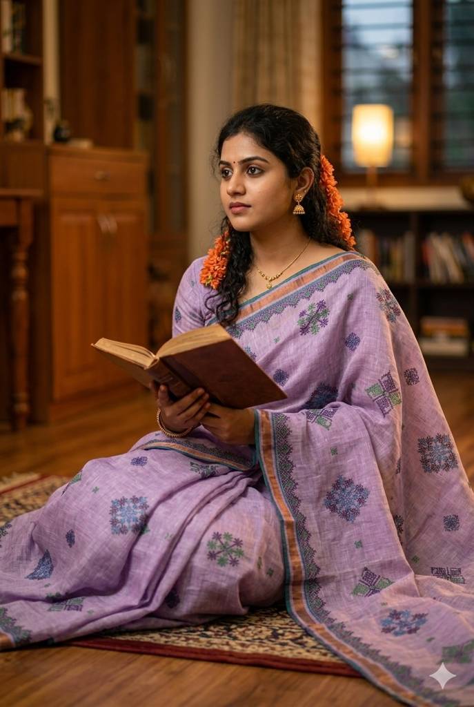 Pure handloom linen saree with kantha work