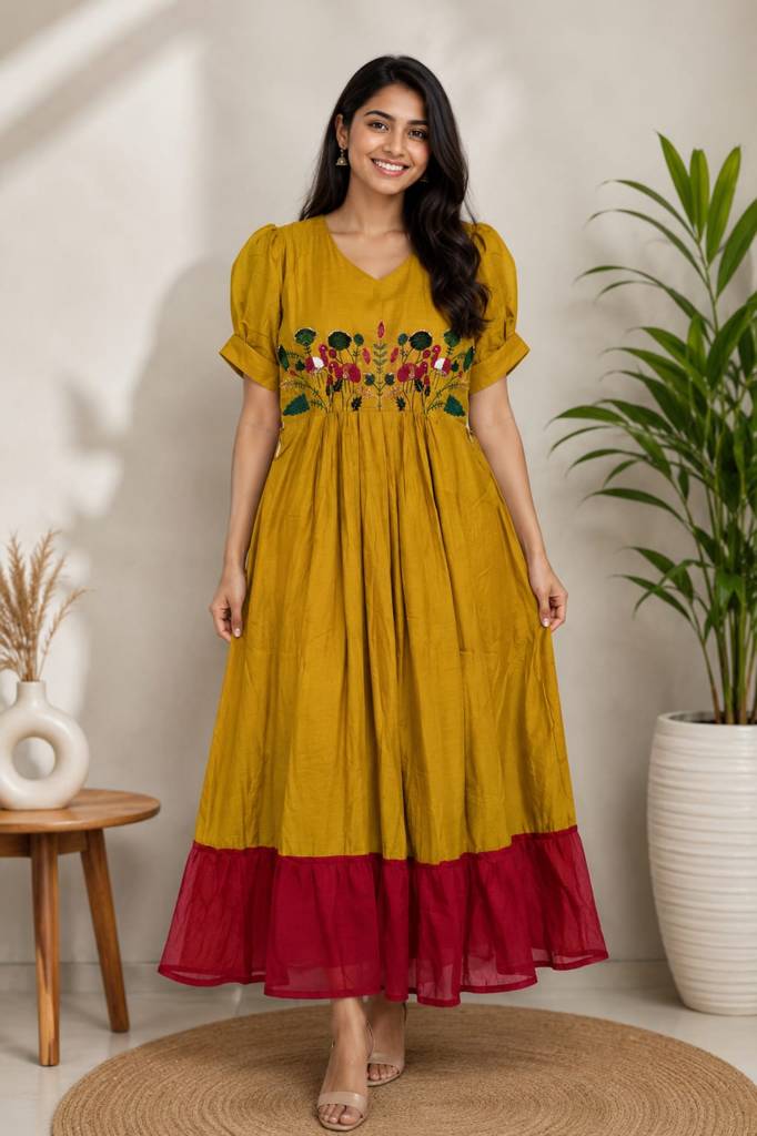 Mustard Yellow Mul Chanderi Embroidered Flared Frock