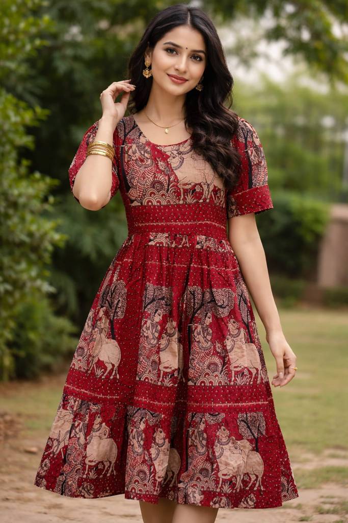 Red Kalamkari Printed Fit and Flare Frock