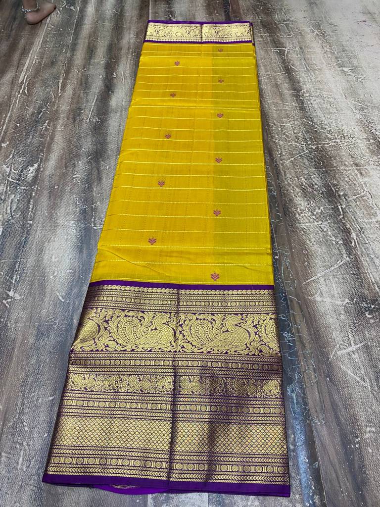 Mustard with Purple Venkatagiri Pure Pattu Saree – Contrast Double Weaving