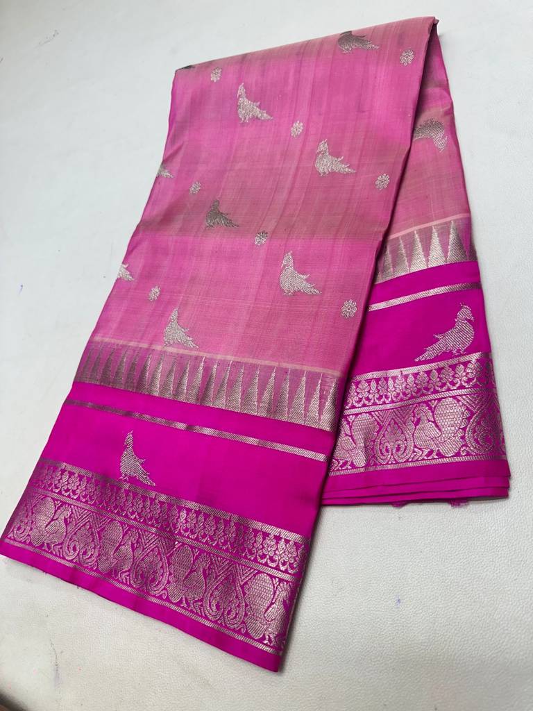 Traditional Pink Venkatagiri Pattu Saree with Silver Zari Bird Design