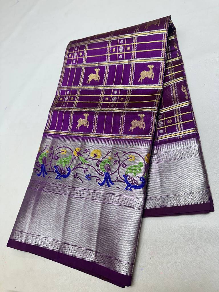 Traditional Purple Venkatagiri Pattu Saree with Rich Zari Checks Design