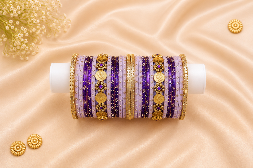 Lakshmi Kasu Bangles Set – Purple & Gold Premium Traditional Set