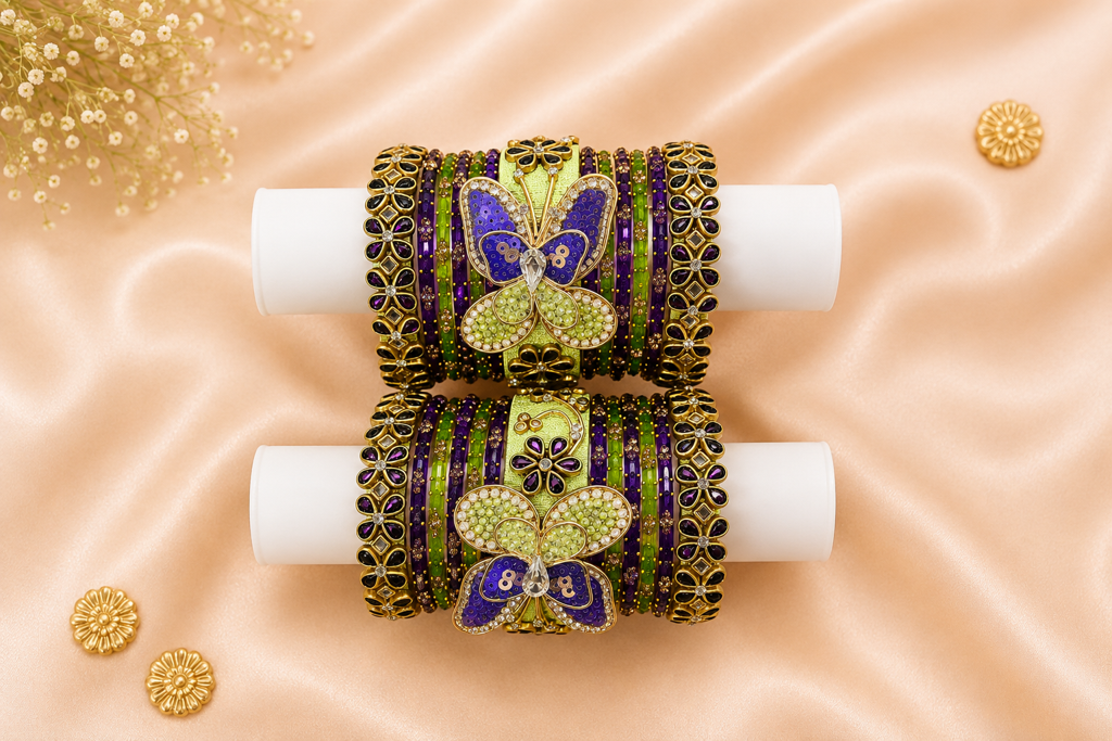 Butterfly Bangles Set – Purple & Green Premium Designer Full Set