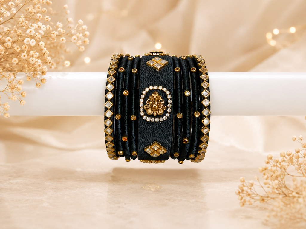 Premium Black Ganesh Bangles Set for 2 Hands with Gold Finish – Full Set