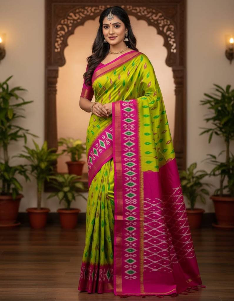 Pochampally Parrot Green & Pink Single Ikkat Saree with Border – With Blouse