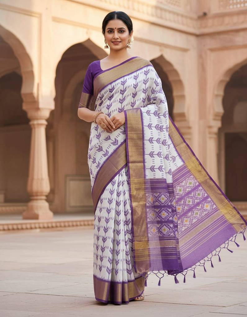 Pochampally White & Purple Double Ikkat Fish Design Saree – With Blouse