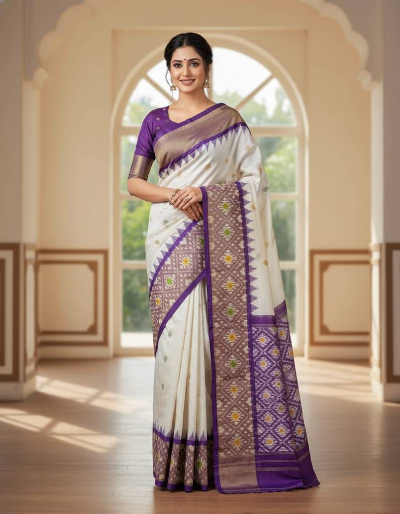 Pochampally White & Purple Double Ikkat Saree with Rajasthan Border – With Blouse