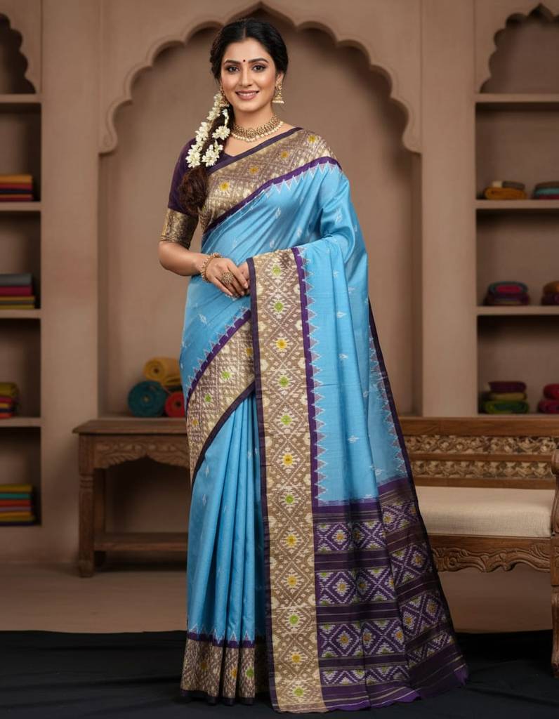 Pochampally Sky Blue Double Ikkat Saree with Rajasthan Border – With Blouse