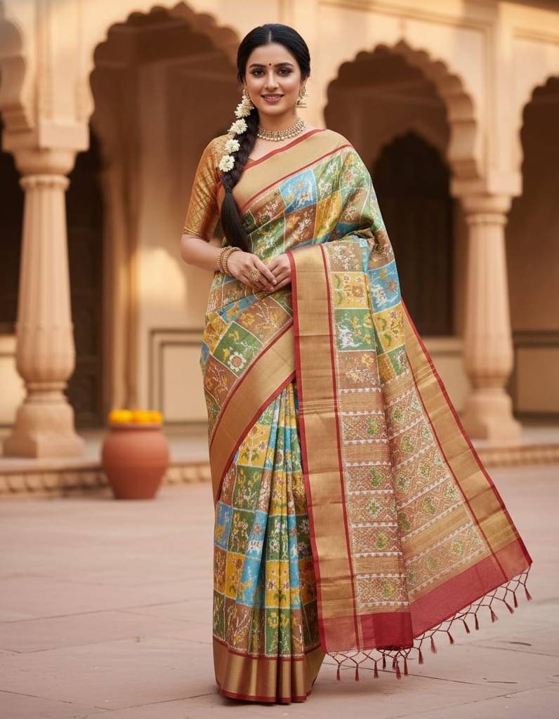 Pochampally Multicolour Double Ikkat Full Tissue Saree – With Blouse