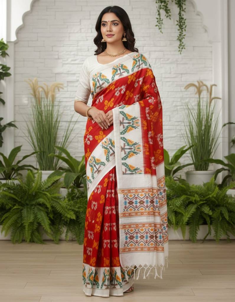 Pochampally Red & White Double Ikkat Marthas Design Saree – With Blouse