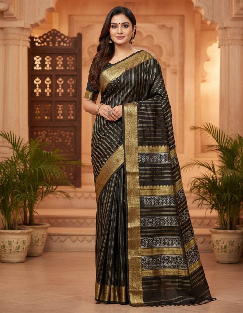Pochampally Black Double Ikkat Saree with Kanchi Border – With Blouse