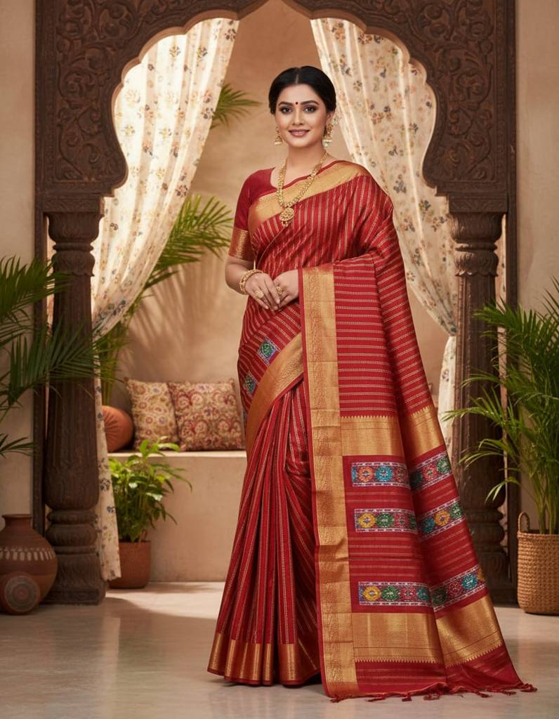 Pochampally Red Double Ikkat Saree with Kanchi Border & Ikkat Pallu – With Blouse