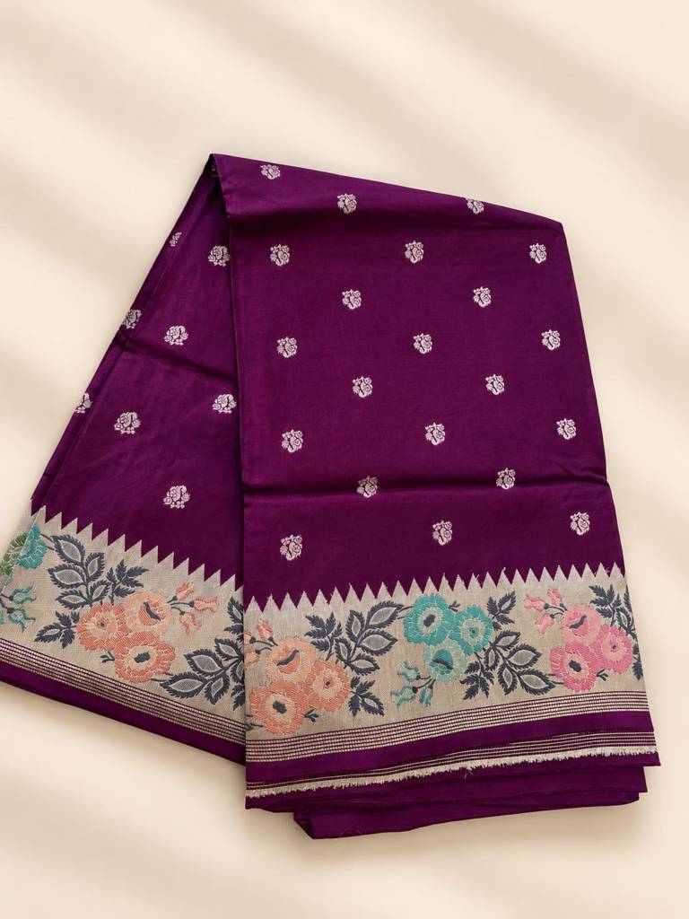 Purple Katan Silk Saree with Floral Zari Border