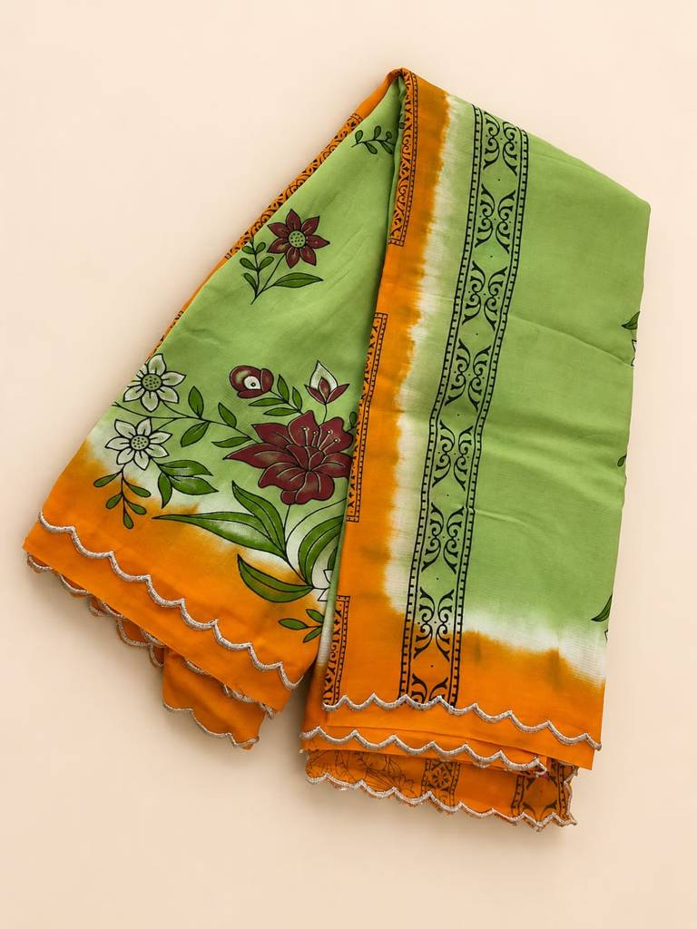 Green Mangalagiri Digital Print Saree with Designer Border