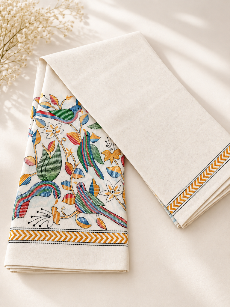 Cream Jute Silk Saree with Bird Digital Print Border