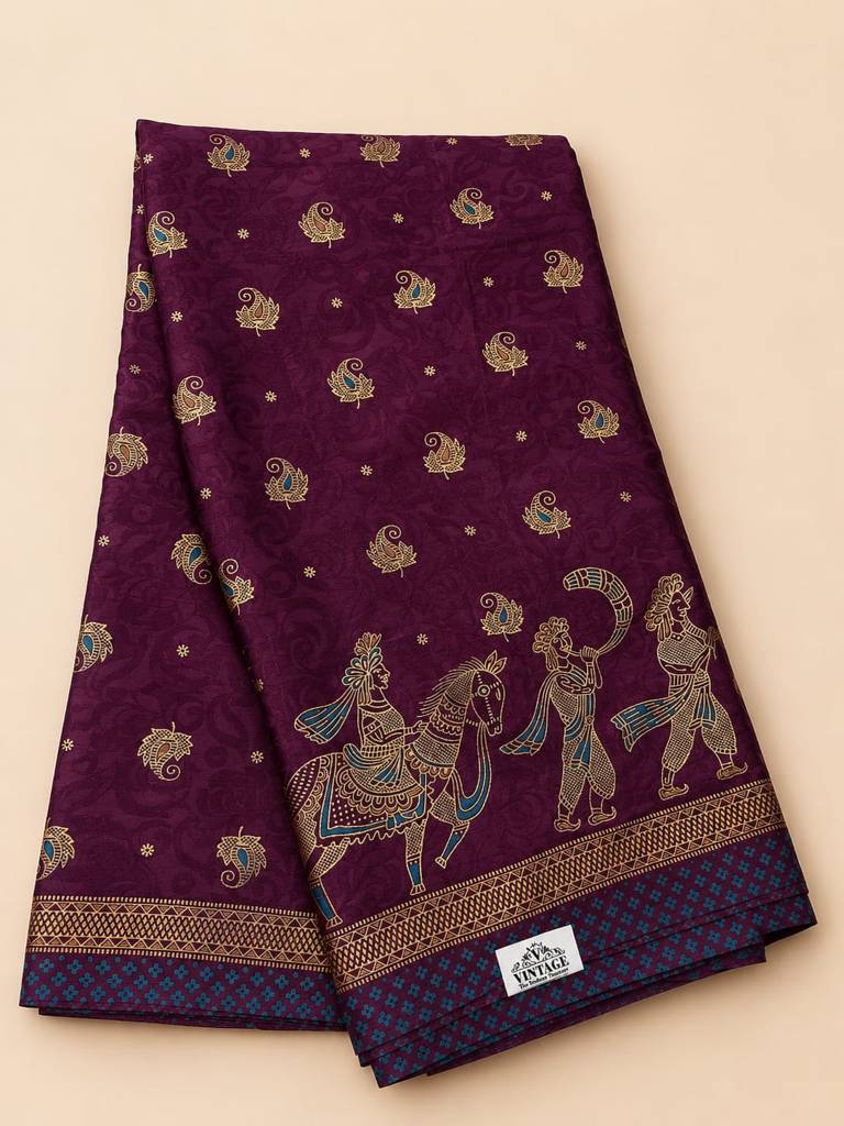  Purple Pashmina Print Saree with Folk Art Border