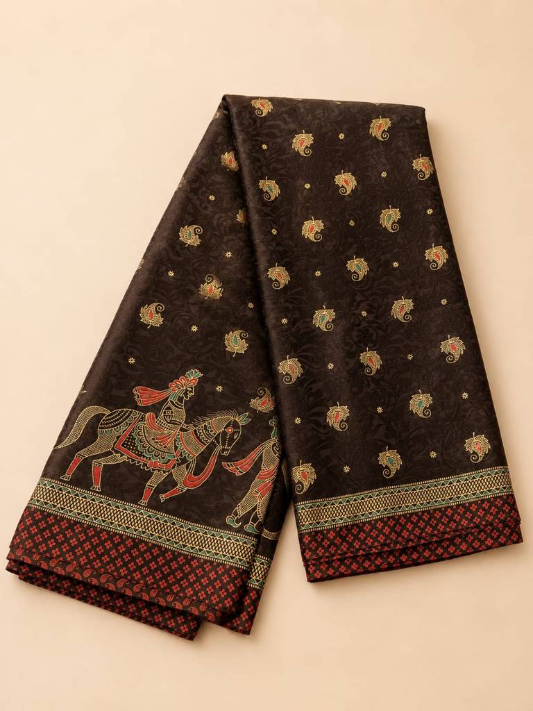 Black Pashmina Printed Work Saree with Folk Art Border