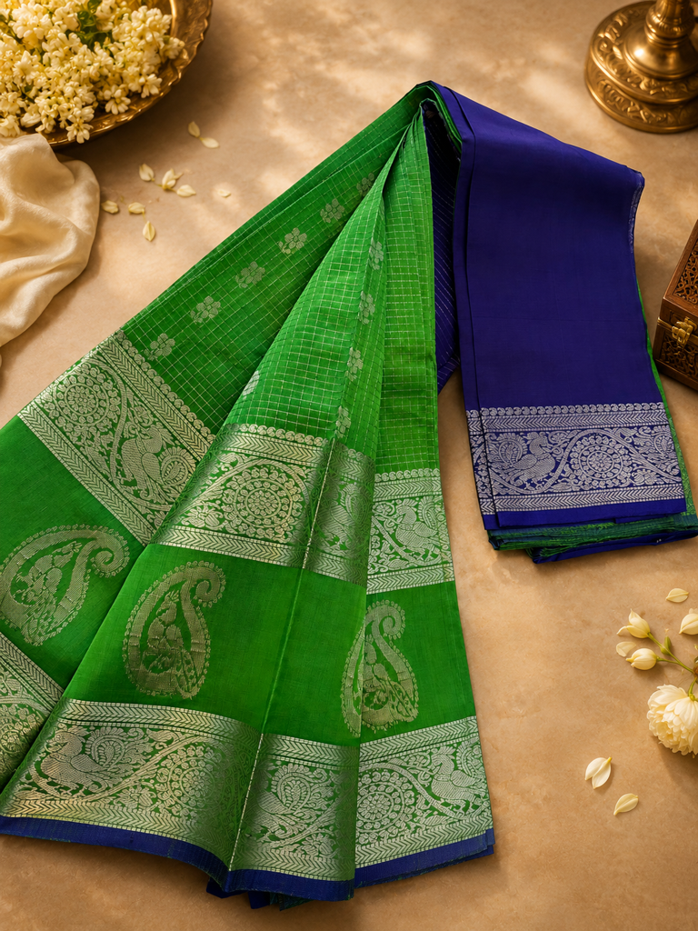 Green Mangalagiri Pattu Saree with Contrast Blue Border