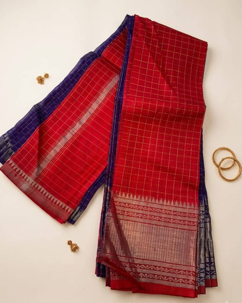 Red and Blue Mangalagiri Pattu Saree with Silver Zari Border