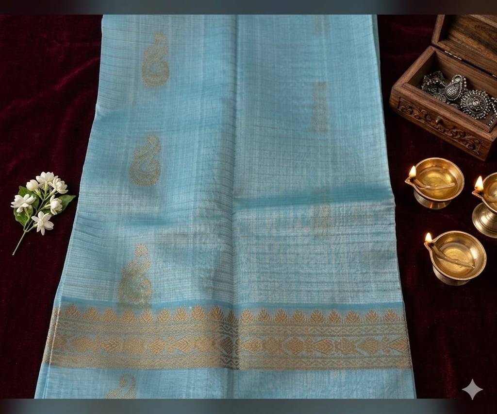 Sky Blue Mangalagiri Pattu Saree with Gold Zari Border