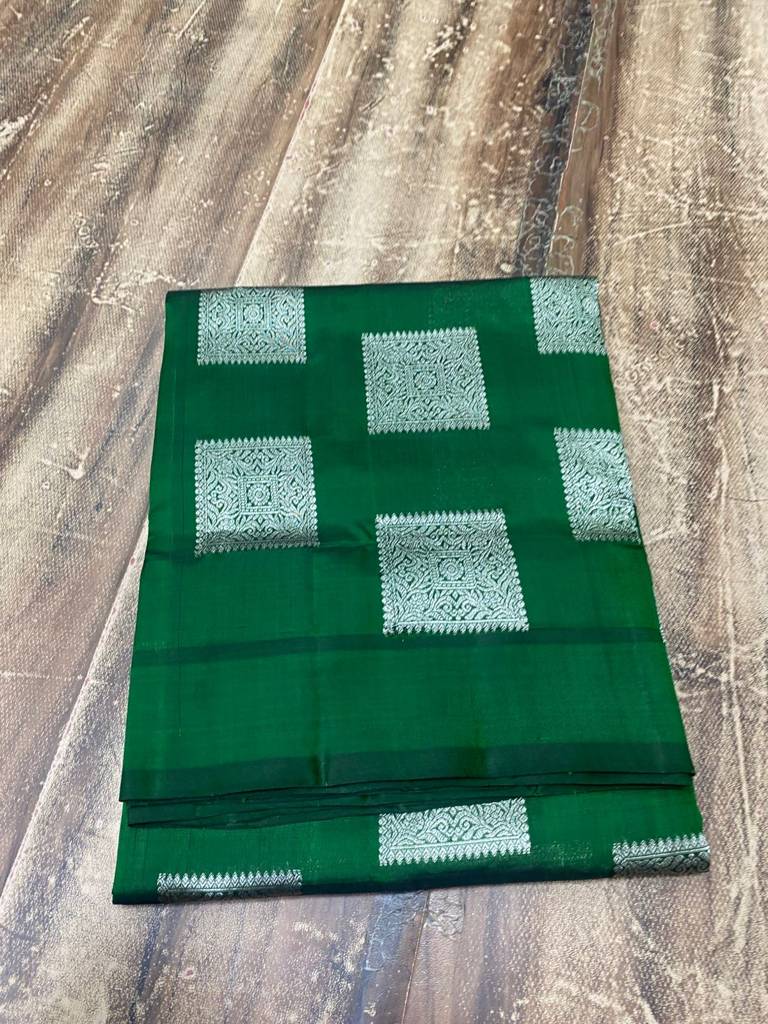 Bottle Green Pure Venkatagiri Pattu No Border Saree with Silver Zari Buttas