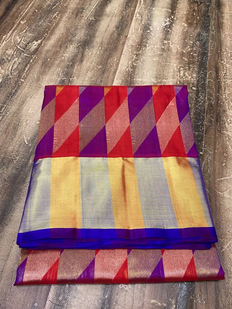 Blue and Red Pure Venkatagiri Jamdhani Pattu Saree with All Over Zari Weaving