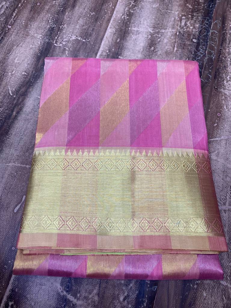 Pink and Peach Pure Venkatagiri Jamdhani Pattu Saree with All Over Zari Weaving