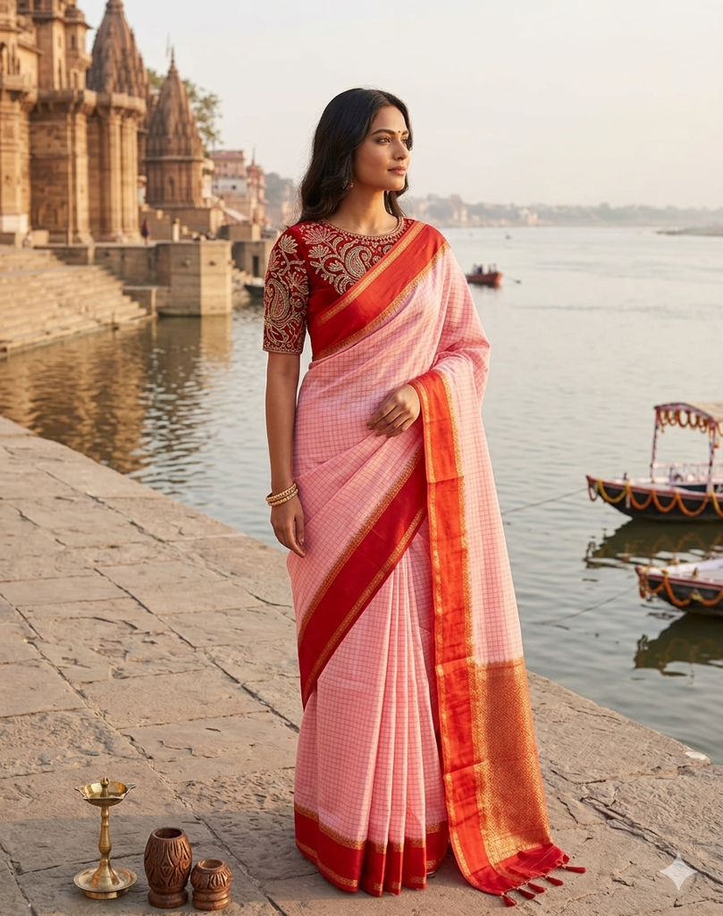  Pastel pink n orange Tussar crepe saree