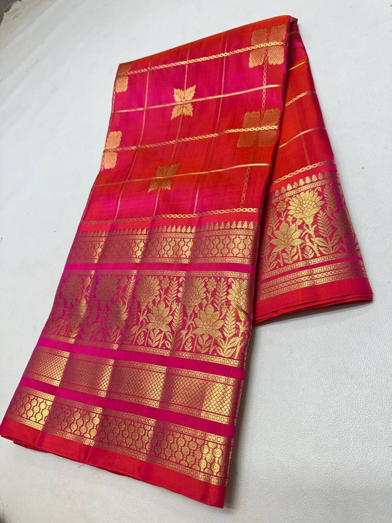 Traditional Pink and Orange Handloom Venkatagiri Pattu Saree with Gold Zari Checks and Rich Floral Border