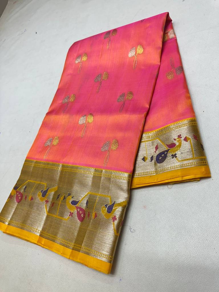 Traditional Pink Orange Handloom Venkatagiri Pattu Saree with Gold Zari Buttas and Designer Bird Motif Border