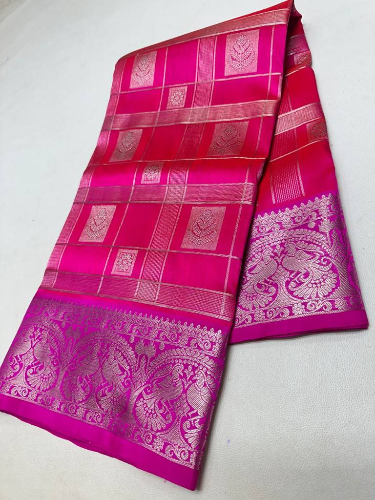 Traditional Pink Handloom Venkatagiri Pattu Saree with Silver Zari Checks and Rich Peacock Border