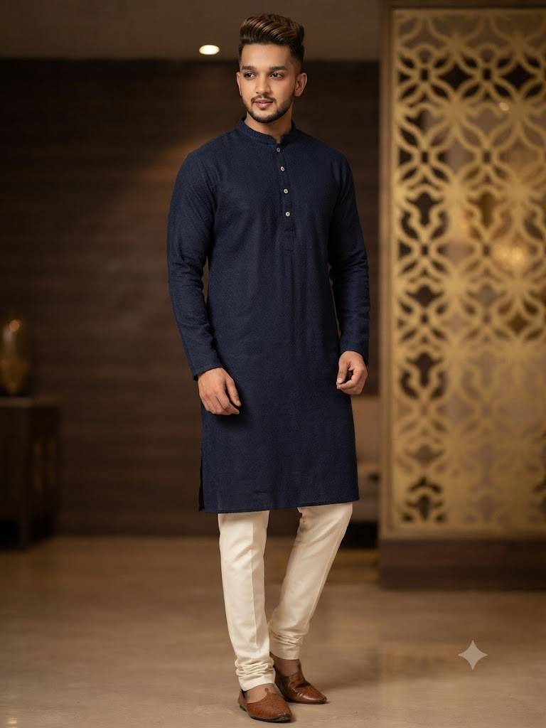 Men's Navy Blue Textured Kurta – Premium Festive & Ethnic WeaR