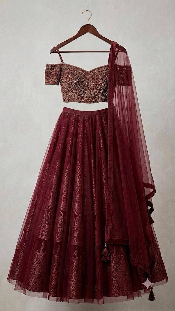 Wine Embroidered Bridal-Inspired Lehenga Set with Heavy Zardozi Blouse