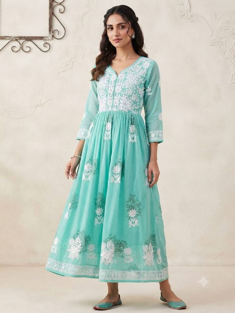  Elegant Mint Green Embroidered Anarkali Kurti