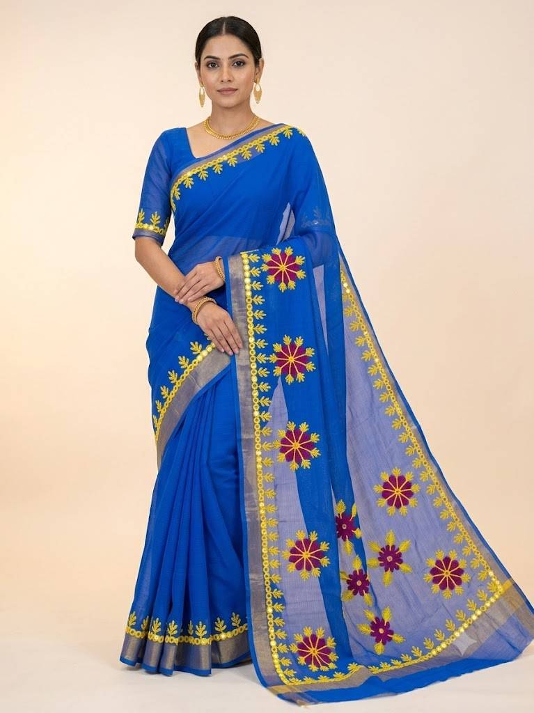 Royal Blue Fancy Embroidered Saree with Floral Work & Designer Pallu