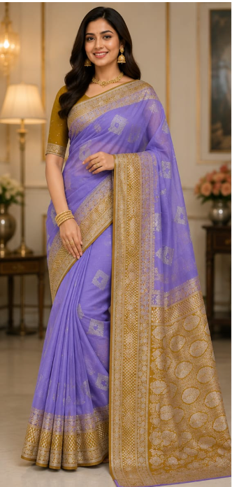 Premium Banarasi Georgette Saree with Rich Zari Border & Grand Woven Pallu
