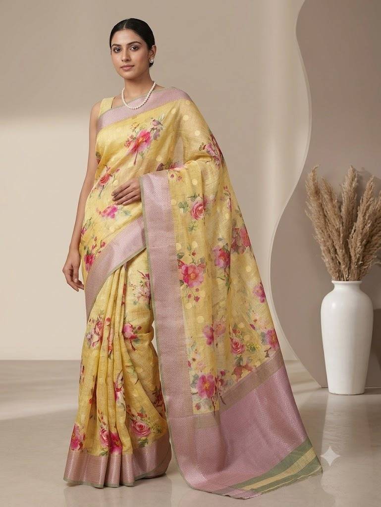Elegant Pastel Yellow Kora Silk Saree with Digital Floral Prints and Rose Gold Zari Border