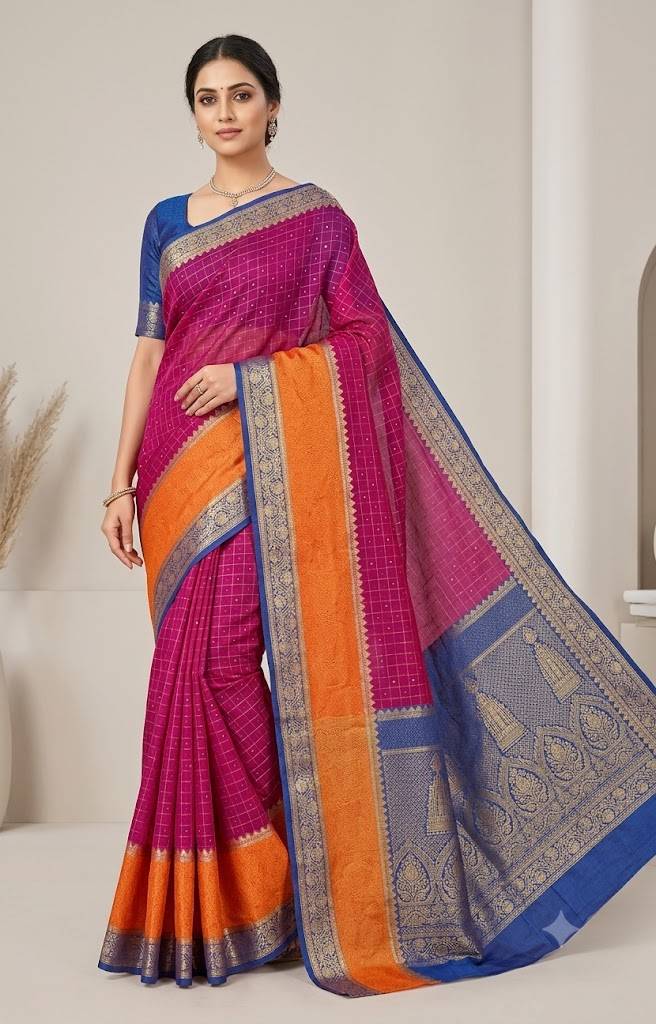 Vibrant Magenta & Purple Dual-Tone Kora Silk Saree with Hand-Done Mukesh Work and Contrast Zari Border