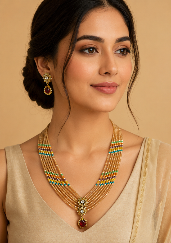 Rupy Pearl Multi-Strand Beaded Necklace Set with Ruby Red Pendant & Earrings