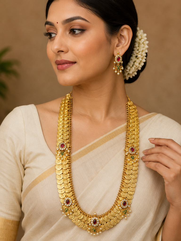 Royal Lakshmi Kasu Haram Jewellery set with Ruby, Green Stones & Pearl Drops