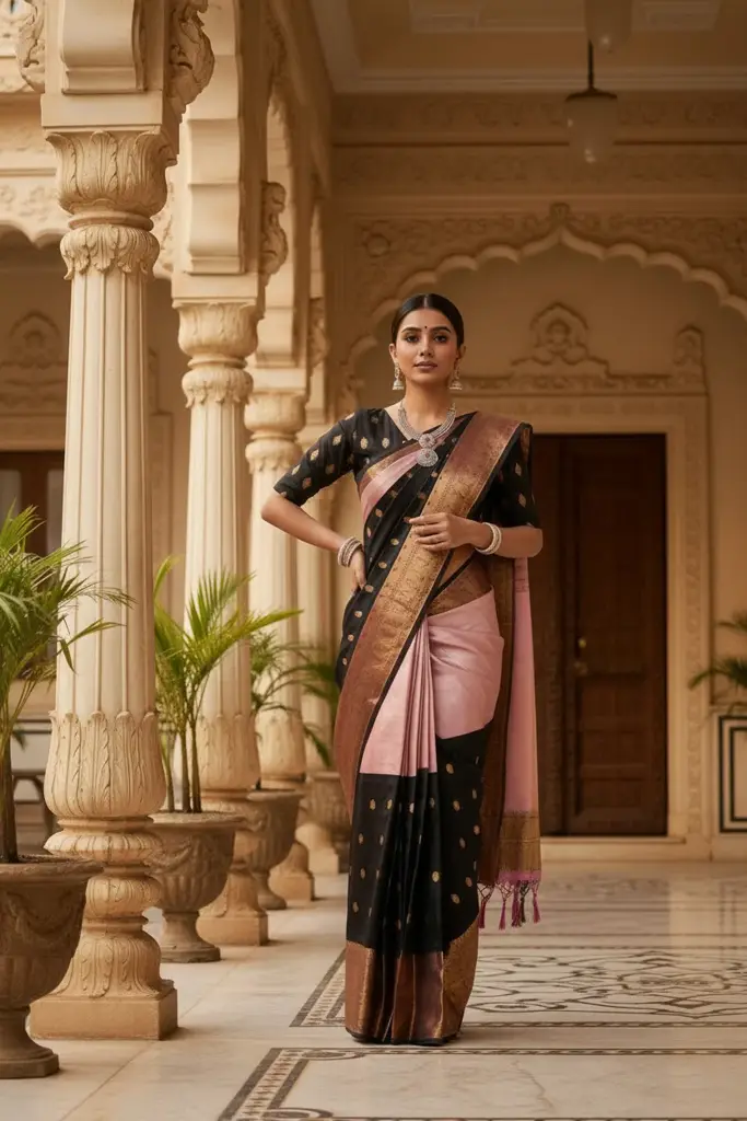 Black Banarasi Silk Saree with Gold Zari Buti & Blush Pink Inner Drape