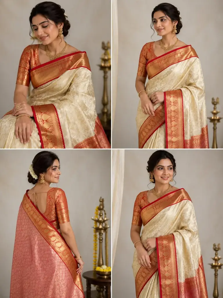 Cream Kanjipuram Silk Saree with Self-Tone Gold Zari Floral Weave & Deep Red Mango Motif Border