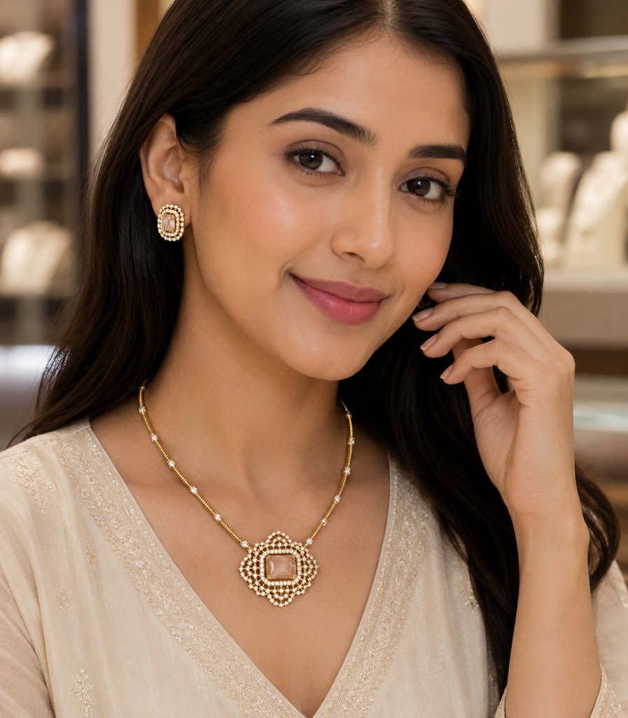 Elegant Gold-Plated Champagne Crystal Pendant Necklace & Stud Earrings