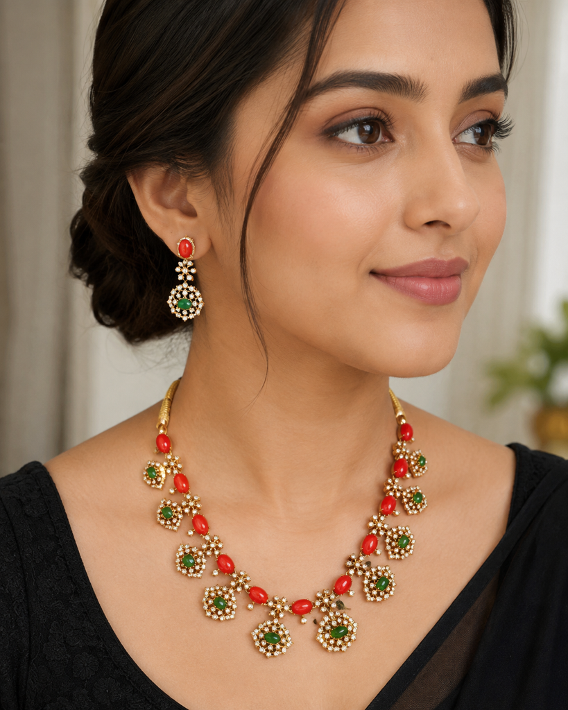 Classic Red and Green Party Wear Necklace Set